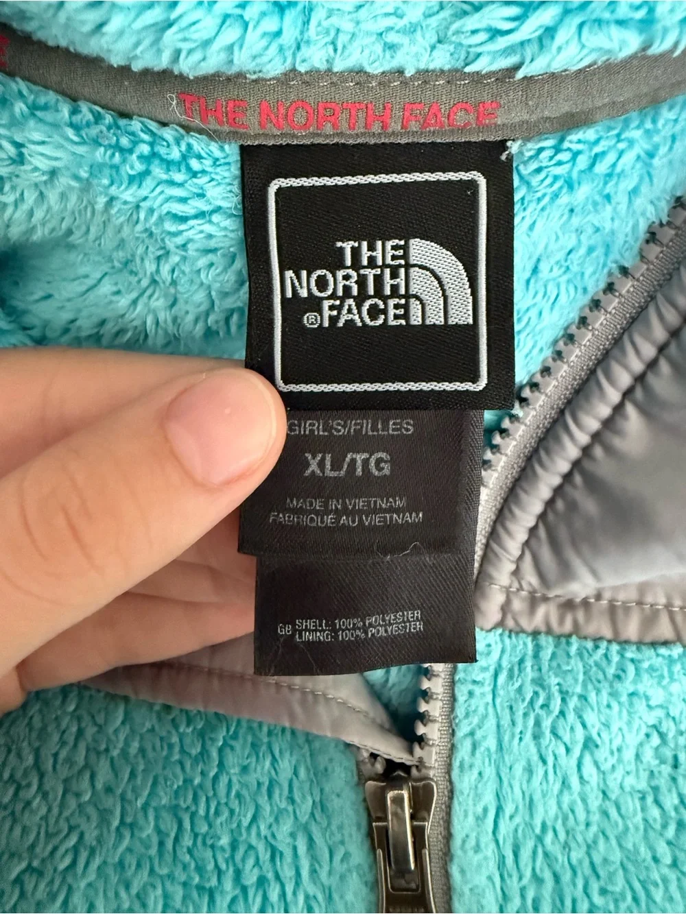 The North Face Aqua Blue Hooded Fleece Jacket with Gray Yoke
